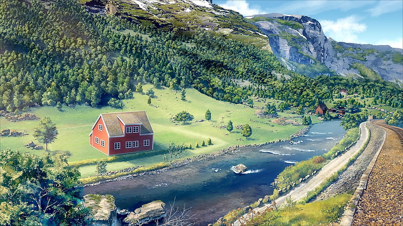 anime landscape, river, house, scenic, mountain, railway, Anime, HD wallpaper