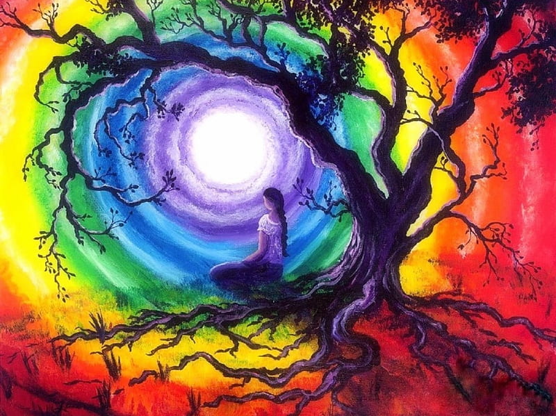 Tree of Meditation, colorful, moons, rainbows, paintings, meditations, love four seasons, nature, trees, HD wallpaper