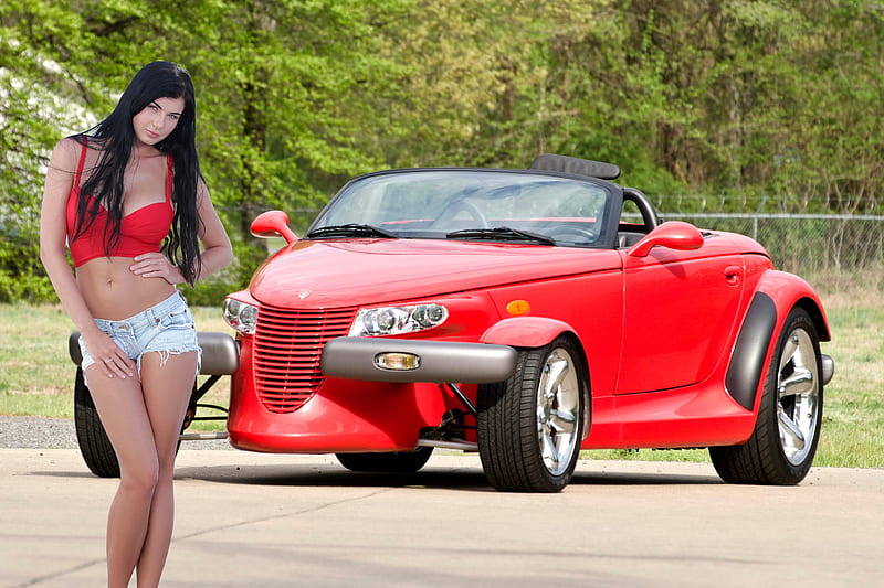 Lucy Li Posing with a Plymouth Prowler, model, shorts, car, brunette, hotrod, HD wallpaper