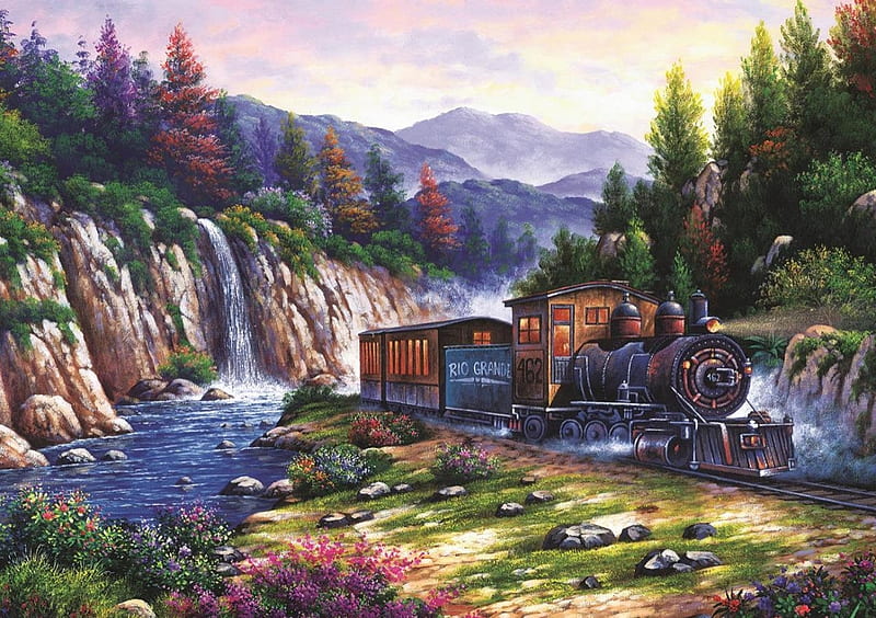 Trips by Train, mountains, artwork, locomotive, painting, river, trees, wagons, HD wallpaper