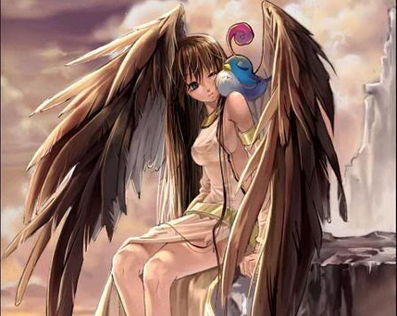 Waiting, wings, angel, wing, sexy, animal, cute, fantasy, girl, bird, anime, hot, anime girl, HD wallpaper