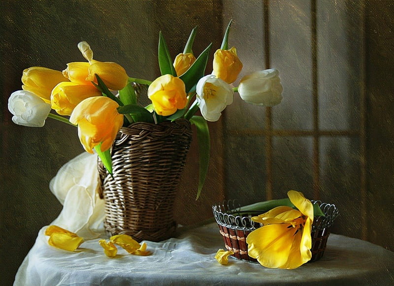 Still life, table, colorful, background, yellow, spring, freshness, petels, basket, dark, flowers, nature, tulips, white, HD wallpaper