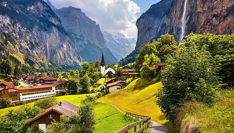 Staubbach falls, Switzerland, summer, village, waterfall, bonito, Switzerland, rocks, fall, houses, mountain, peaceful, HD wallpaper
