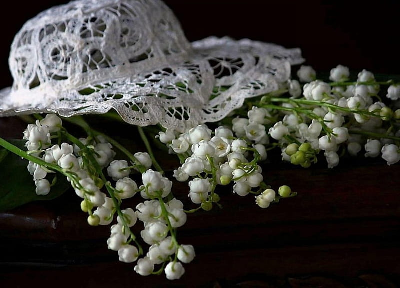 Still Life, blossoms, lily of the valley, petals, hat, HD wallpaper