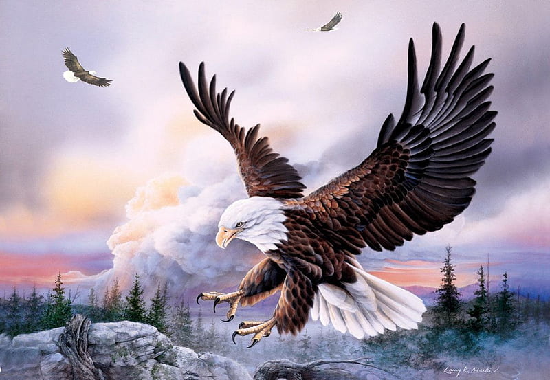 Bald Eagles, mountains, painting, birds, nature, raptor, trees, HD wallpaper