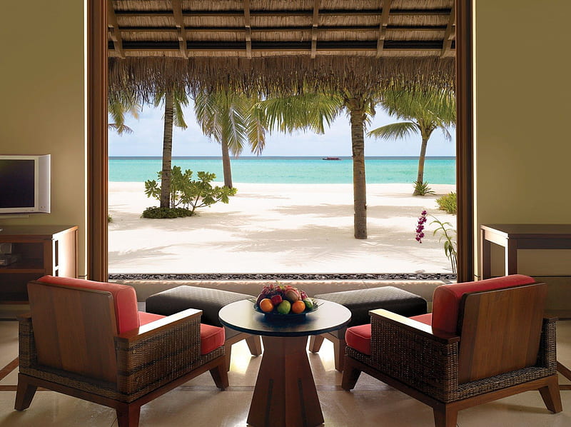 View out of Beach Bungalow Reethi Rah Maldives, resort, beach bungalow, hut, lodge, retreat, sea, atoll, beach, lagoon, sand, room, blue, hotel, exotic, view, holiday, Maldives, ocean, indian, escape, vista, suite, paradise, island, tropical, HD wallpaper