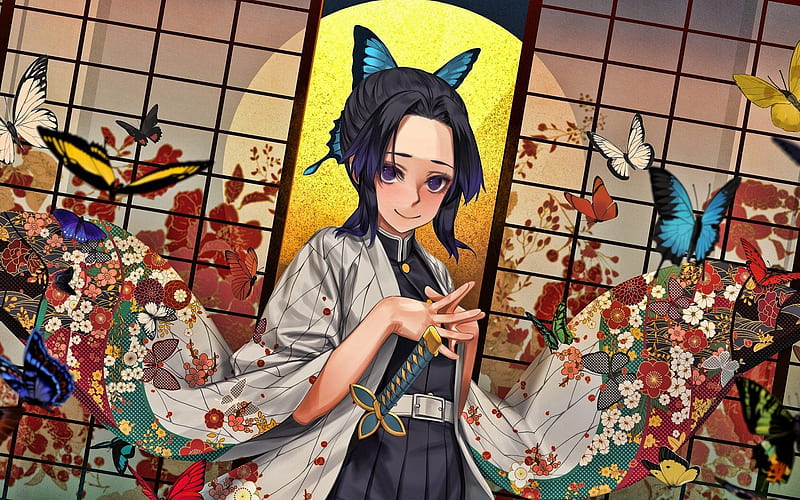 Shinobu Kochou, kimono, Kimetsu no Yaiba, Demon Hunter, butterflies, manga, artwork, Kocho Shinobu, HD wallpaper