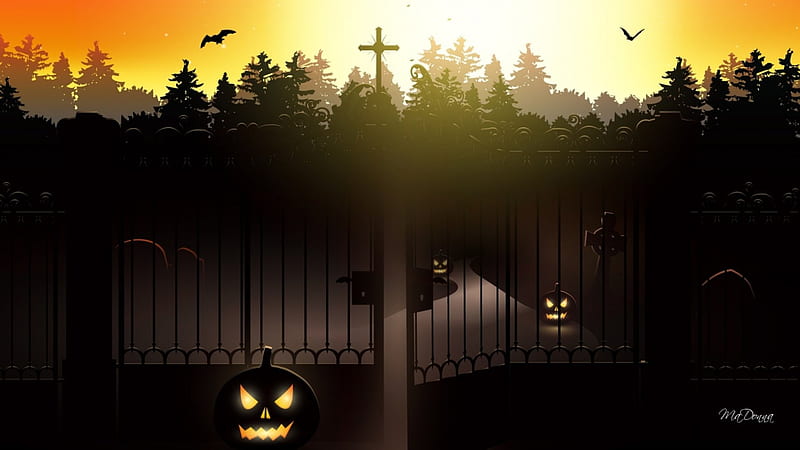 Guarding the Gate, gate, bats, jack o lanterns, cemetery, crows, haunted, grave stones, ravens, graves, Halloween, HD wallpaper