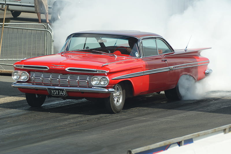1959 Chevy Impala burnout, chevy, race, impala, burnout, HD wallpaper