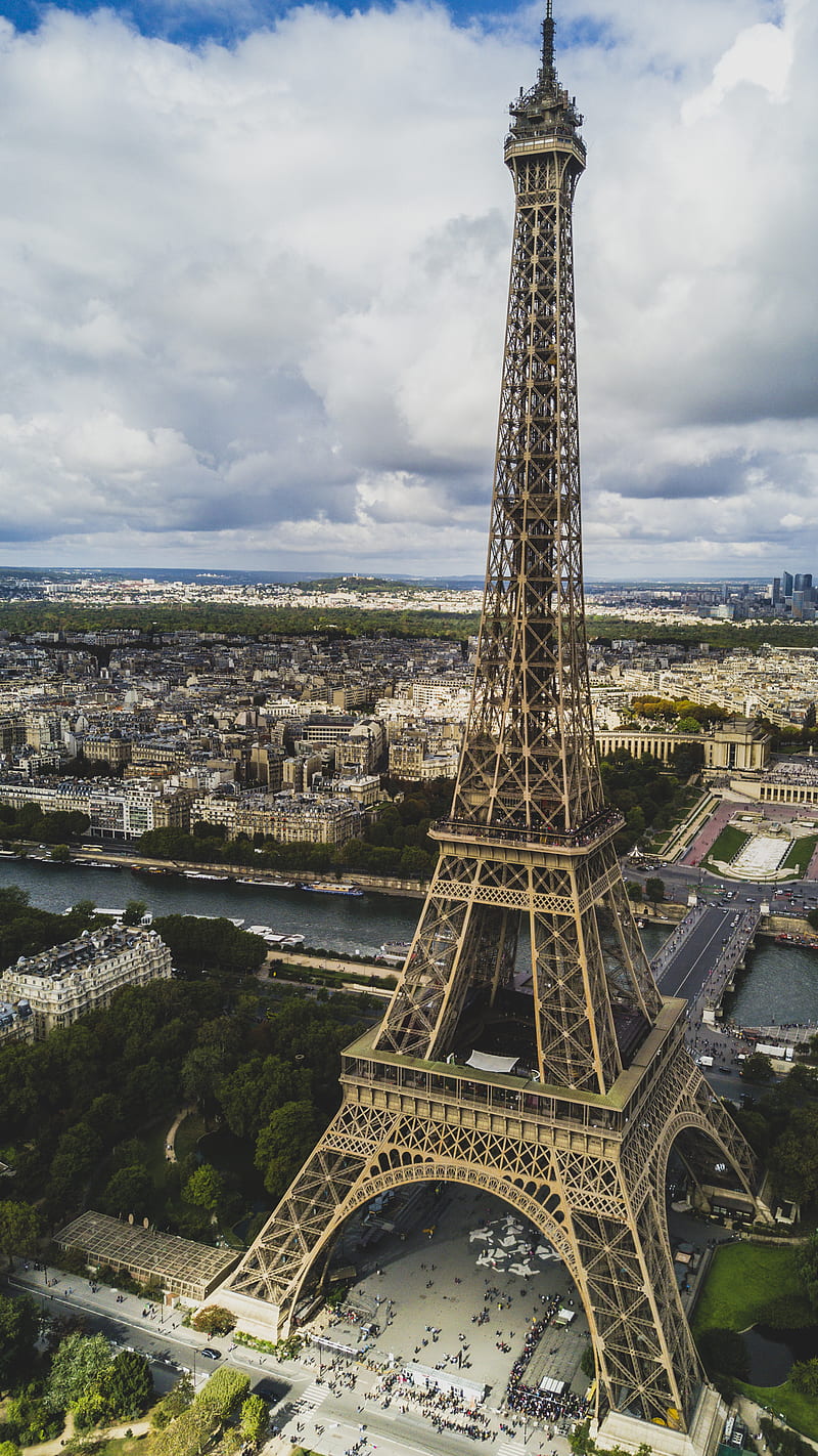 Eiffel Tower, aerial, black, city, cityscape, clean, color, colorful, cool, dji, drone, europe, mavic, paris, perspective, tour eiffel, unique, vertical, HD phone wallpaper