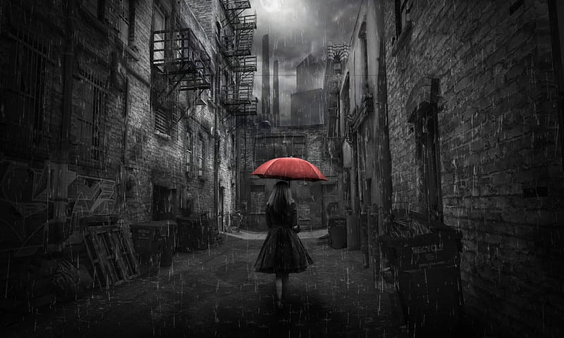 I Love The Rainy Nights, moon, city, apartments, buildings, red umbrella, rain, sky, women, HD wallpaper