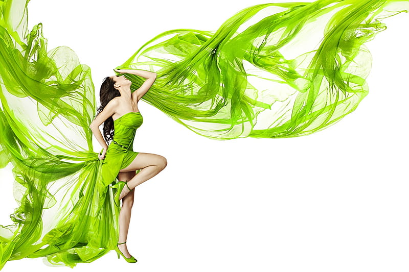 Woman in Green, Fashion, Legs, Wind, Dtess, Flying, HD wallpaper