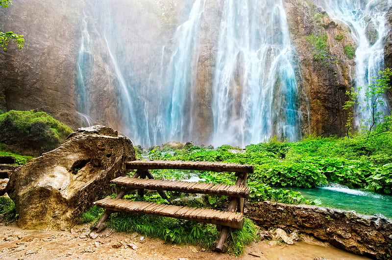 Waterfall in Rocks, rocks, crag, stones, bench, waterfall, nature, HD wallpaper