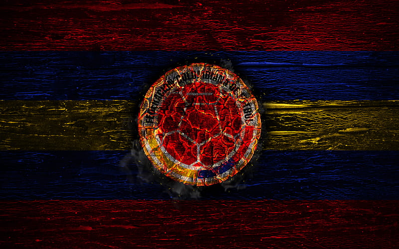 Colombia national football team, fire logo, flag colors, South America, wooden texture, soccer, Colombia, logo, South American national teams, Colombian football team, HD wallpaper