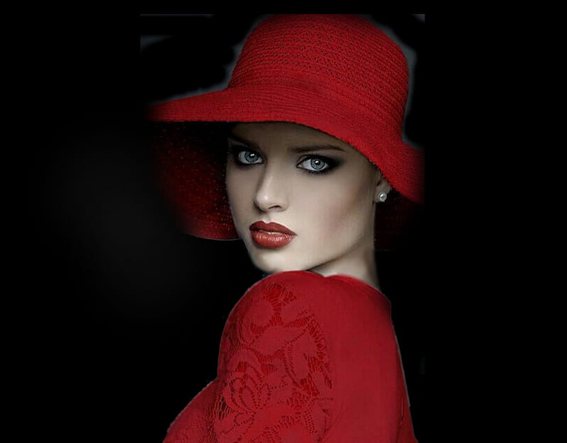 Red Hat Lady, red, trendy n color hair, pretty, lovely, stunning, black, women are special, color it persimmon, bonito, lips nails eyes hair art, hat, red hat, red on black, female trendsetters, gorgeous, delicate, HD wallpaper