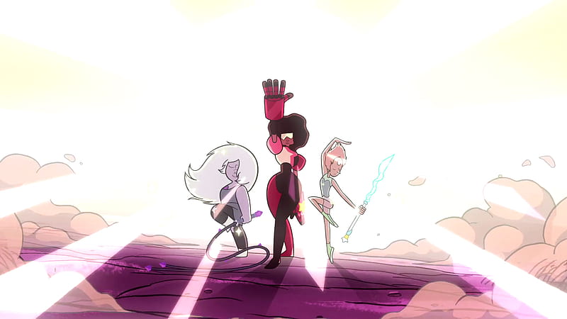 Steven Universe Amethyst With A Whip Pearl With A Spear Garnet With White Lighting Background Movies, HD wallpaper