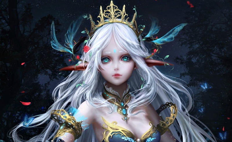 Elf princess, frumusete, fantasy, luminos, girl, white, elda-qd, blue, HD wallpaper