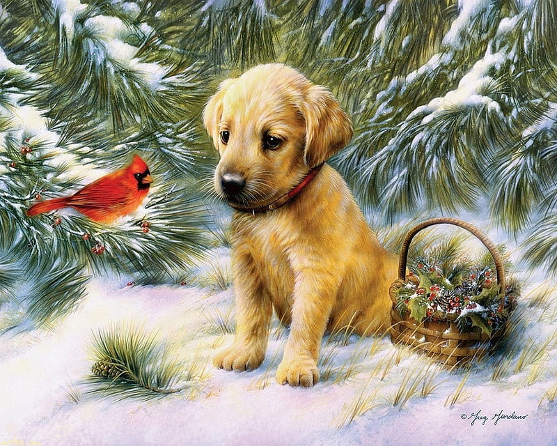art, red, craciun, christmas, winter, cute, snow, bird, painting, greg giordano, pictura, white, puppy, dog, HD wallpaper