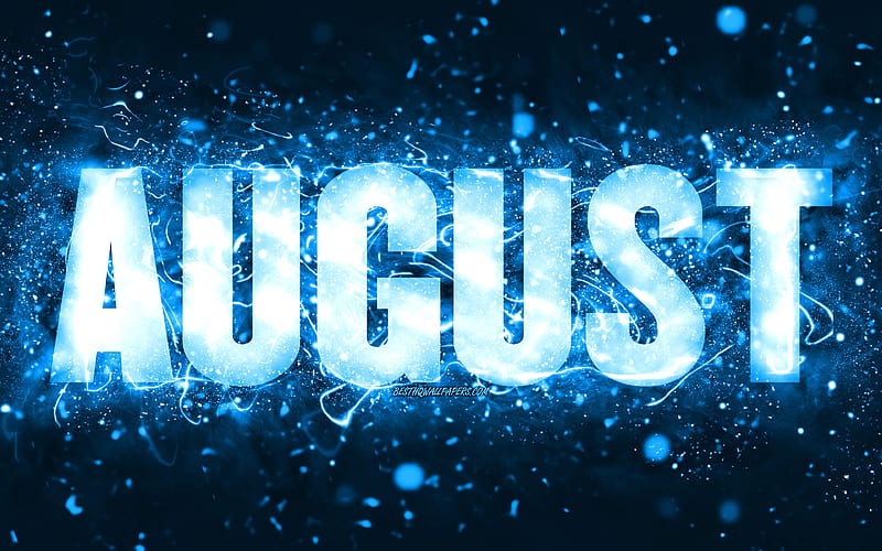 Happy Birtay August blue neon lights, August name, creative, August Happy Birtay, August Birtay, popular american male names, with August name, August, HD wallpaper