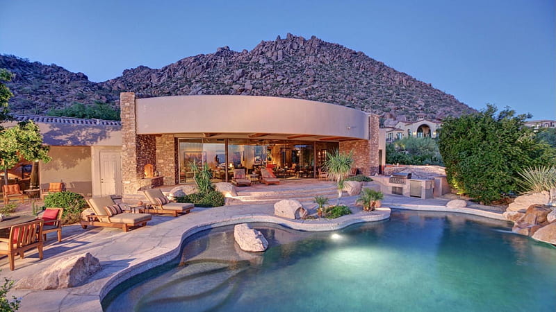 great backyard in a contemporary desert home, house, desert, stones, pool, hill, backyard, HD wallpaper