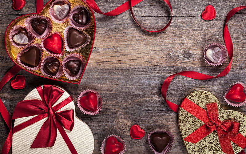 Happy Valentine's Day!, red, food, chocolate, ribbon, valentine, sweet, dessert, bix, white, wood, HD wallpaper