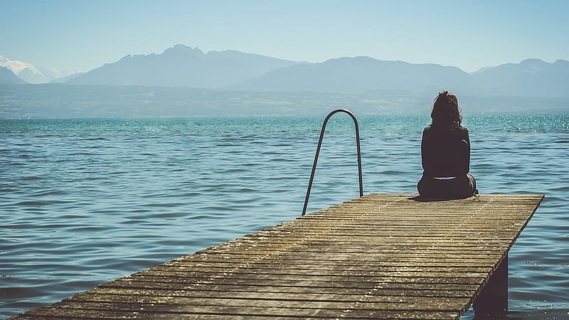 Girl Is Sitting Alone On Wood Dock Depression, HD wallpaper