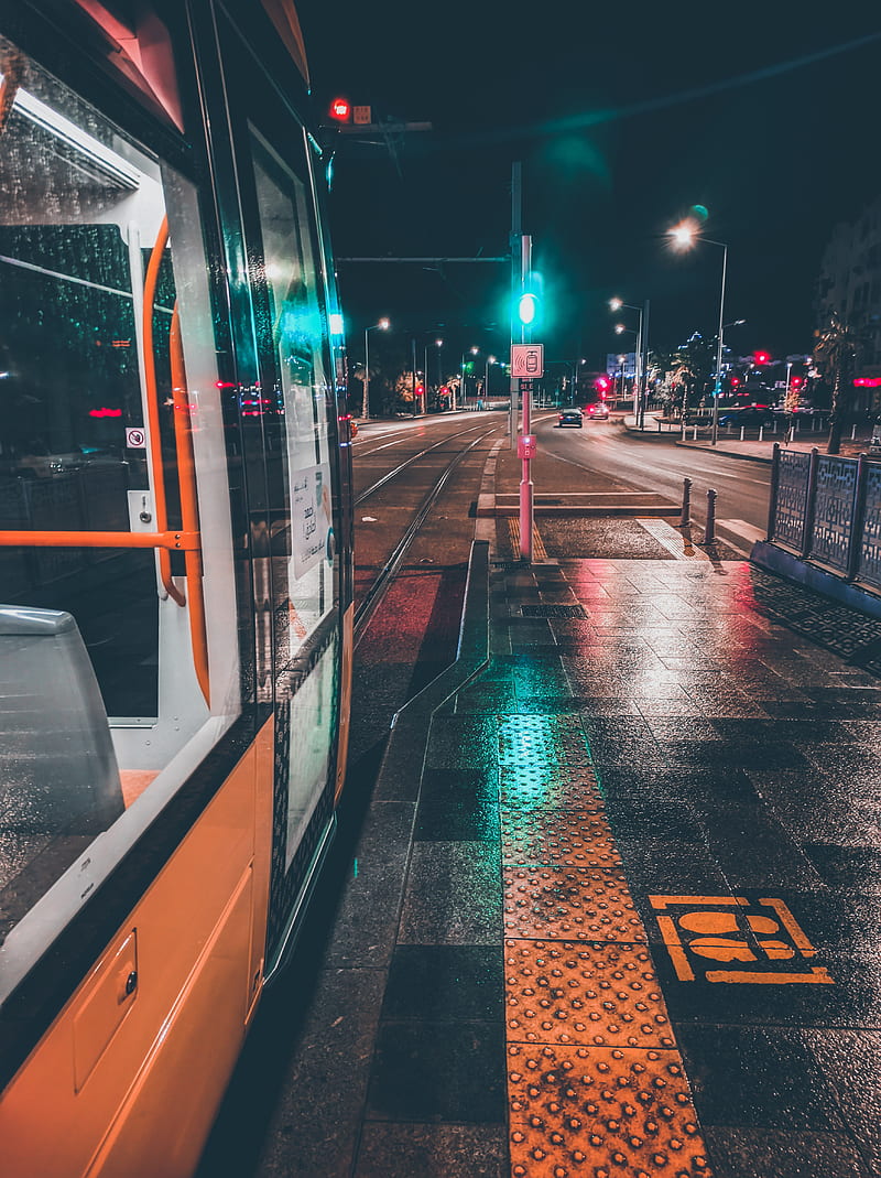 Tramway station, algeria, green, car, city, nature, night, black, dark, yellow, HD phone wallpaper