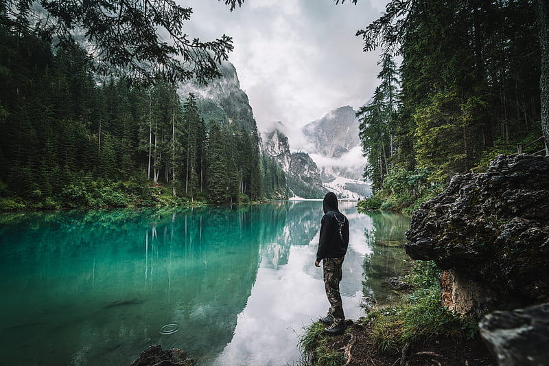 man, loneliness, nature, lake, mountains, HD wallpaper