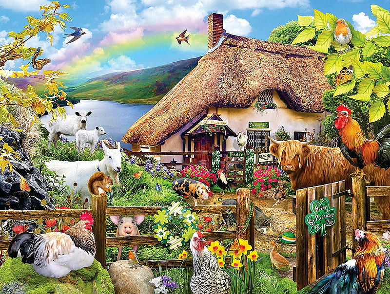 Luck of the irish, birds, flowers, poultry, garden, butterflies, cows, cottage, lake, artwork, pigs, painting, HD wallpaper