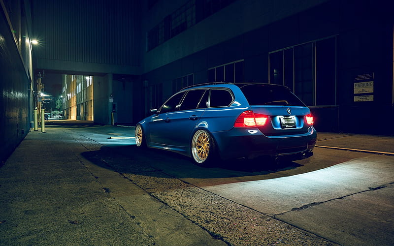 BMW 3 Touring, rear view, blue 3 series, night evening, Stance, tuning E91,  BMW, HD wallpaper