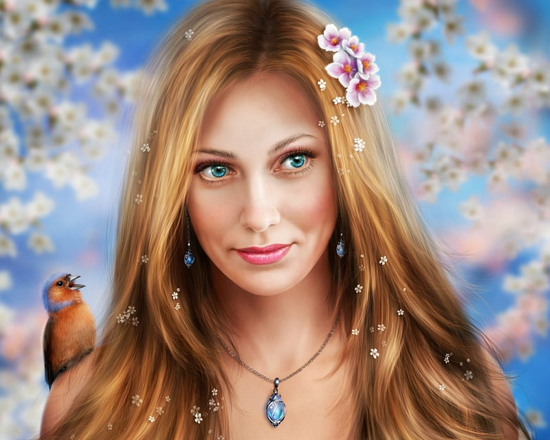 Spring petals, alenaekaterinburg, luminos, pendant, spring, petal, fantasy, girl, bird, jewel, portrait, HD wallpaper