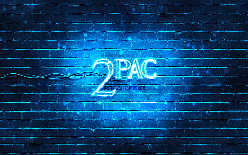 2pac blue logo superstars, american rapper, blue brickwall, 2pac logo, Tupac Amaru Shakur, 2pac, music stars, 2pac neon logo, HD wallpaper