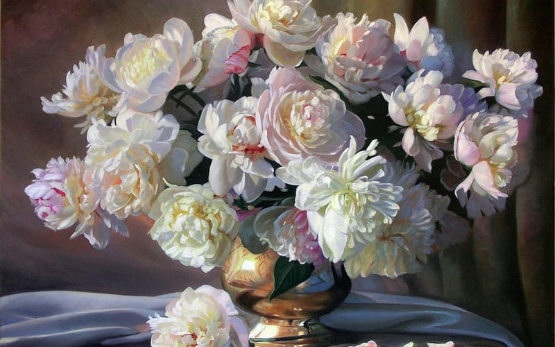 Peonies Painting, vase, Zbigniew Kopania, peonies, still life, bouquet, fabric, painting, flowers, petals, white, HD wallpaper