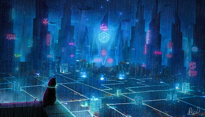 anime, cyberpunk, wallpaper, futuristic city, rain