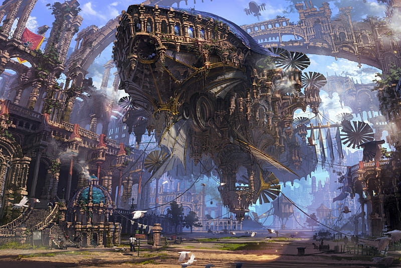 Steampunk City, airship, ruins, art, bridge, HD wallpaper