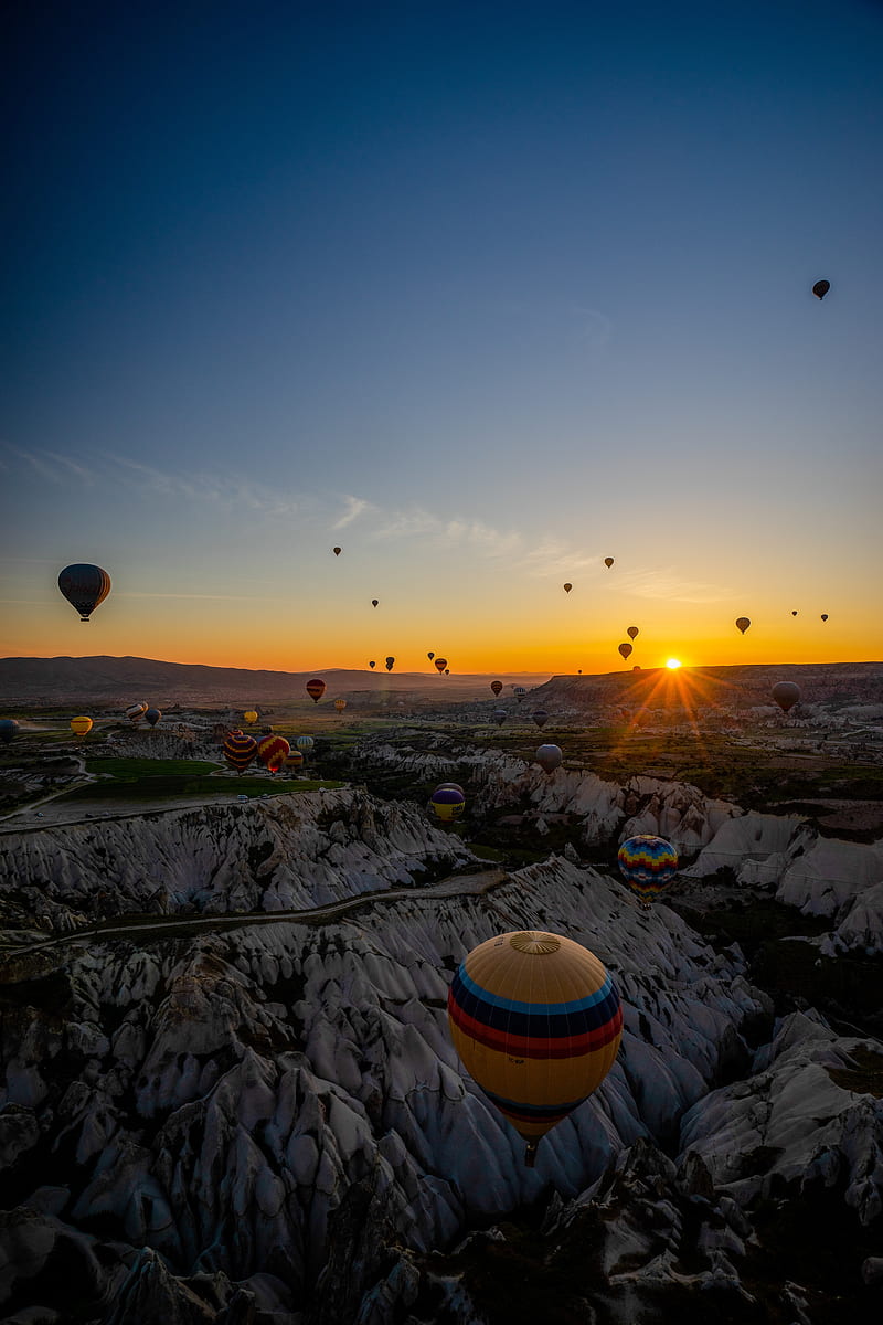 air balloons, mountains, sunrise, aerial view, landscape, HD phone wallpaper