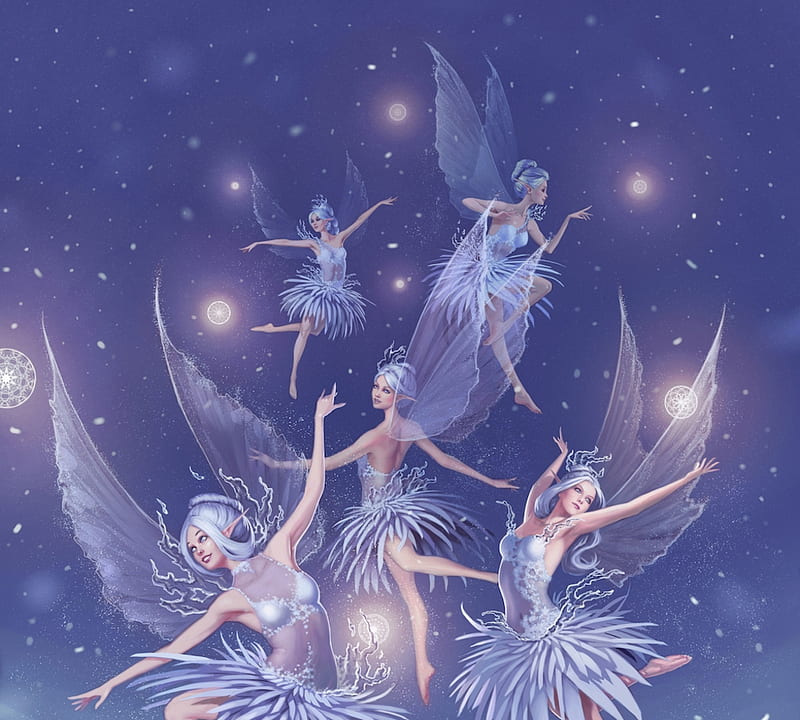 Winter fairies, gloomywhisper, dancer, blue, fairy, iarna, winter, frumusete, wings, luminos, fantasy, girl, HD wallpaper