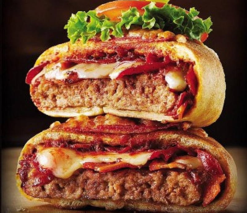 Pepperoni Pizza-Wrapped Bacon Cheeseburger, cool, food, yummy, entertainment, fun, burger, HD wallpaper