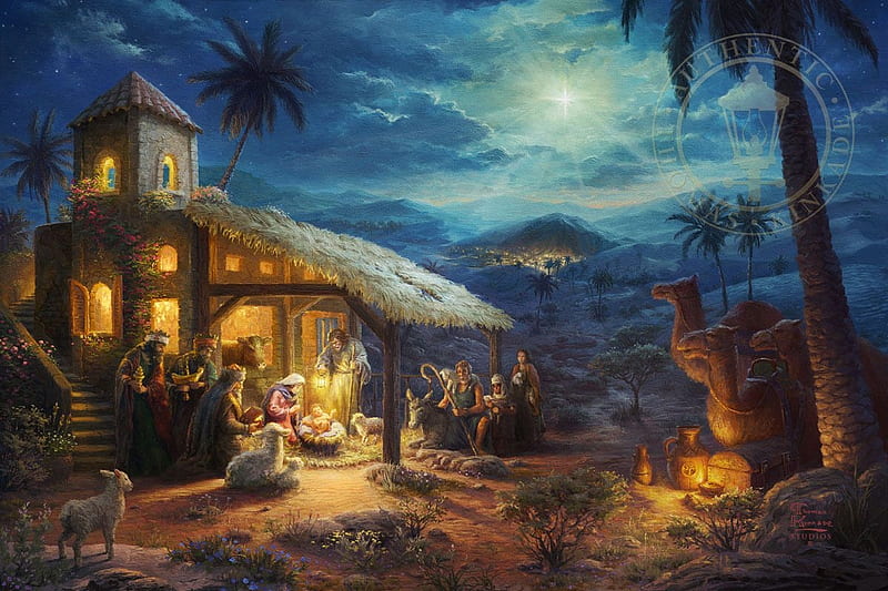 The Nativity, christmas, trees, artwork, people, painting, moonlight, child, stable, light, night, HD wallpaper