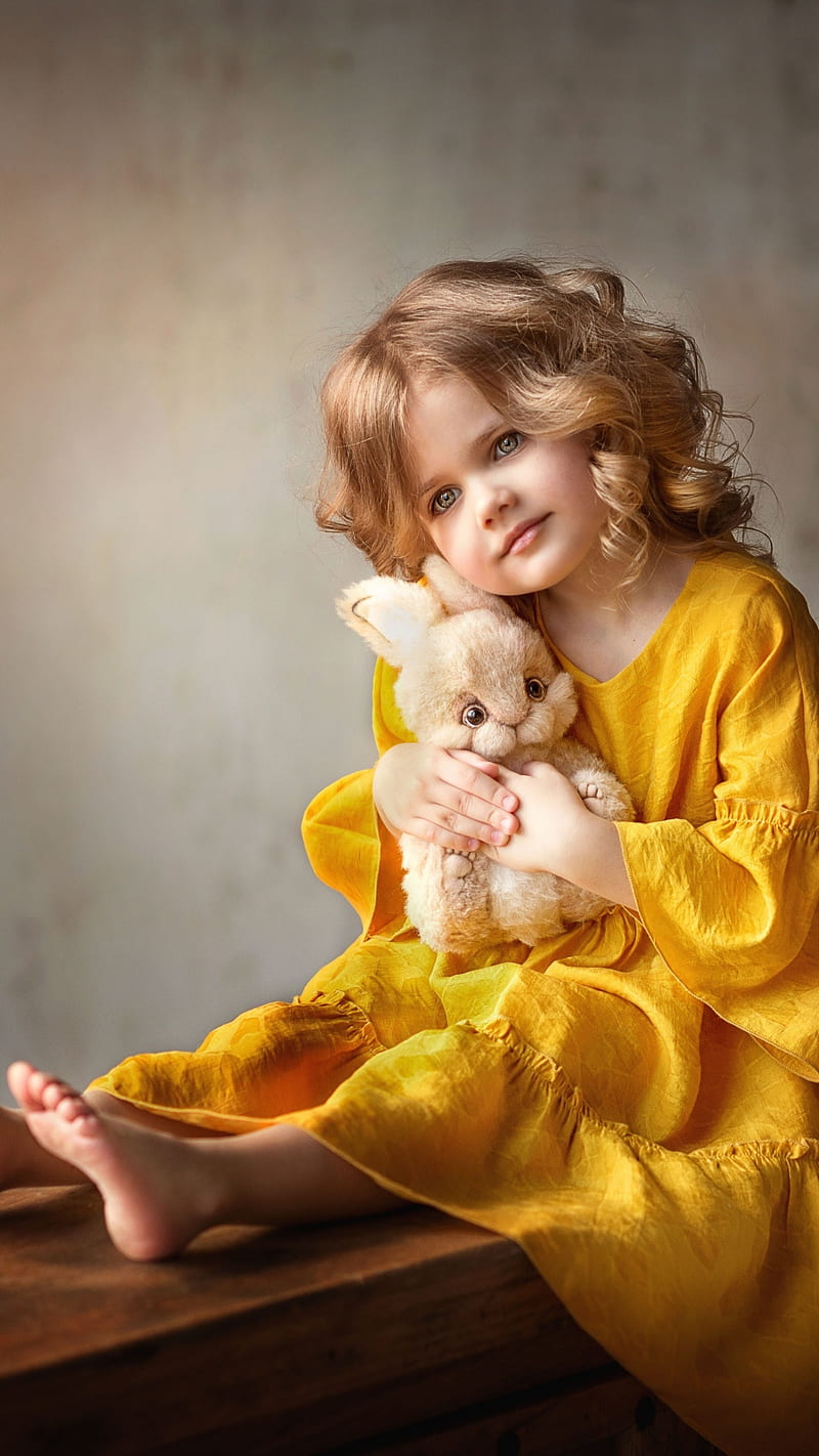Cute girl, adorable, blonde, bunny little girl, puppy, yellow, yellow dress, HD phone wallpaper