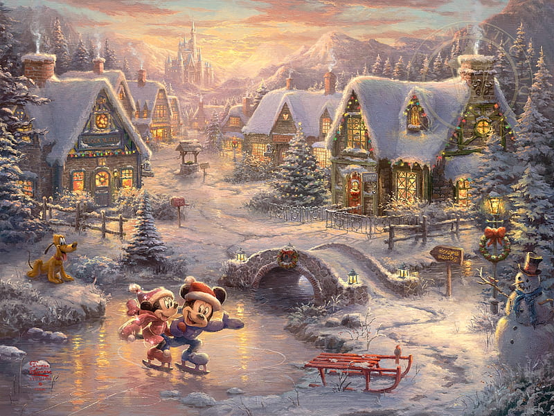 Christmas with Minnie and Mickey Mouse, art, luminos, craciun, christmas, lake, thomas kinkade, winter, tree, mouse, painting, ice, minnie, pictura, mickey, disney, HD wallpaper