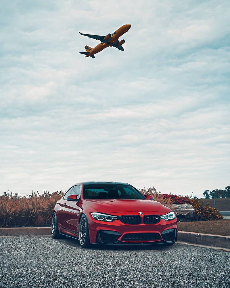 BMW M4, airplane, car, coupe, f82, m power, red, tuning, vehicle, HD phone wallpaper