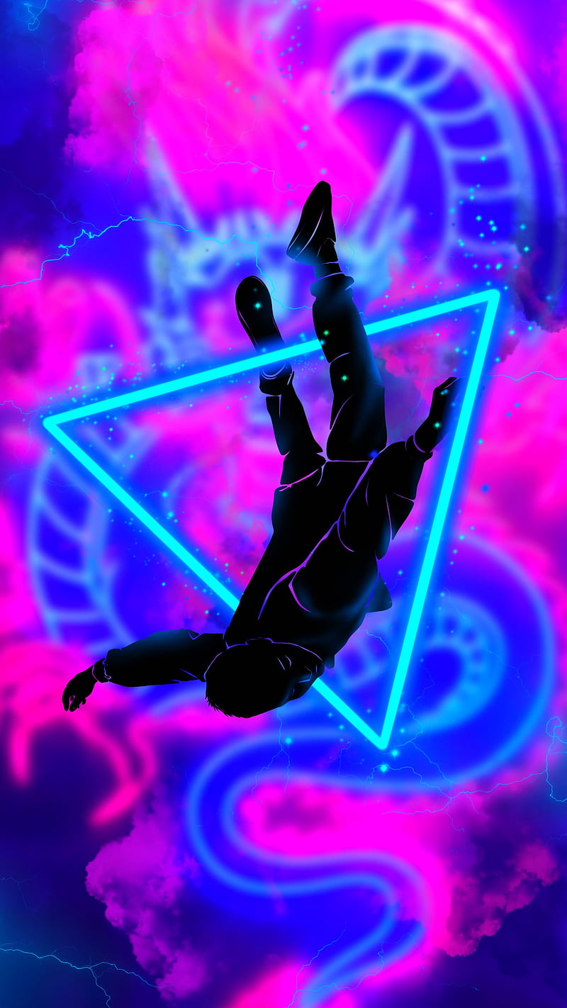 Neon fly, Neon, Silhouettes, blue, dragon, electric, electro, energy, figure, flash, forf, geometric, guy, laser, light, lightning, line, magic, man, mask, model, particles, pink, pose, purple, silhouette, texture, violet, HD phone wallpaper