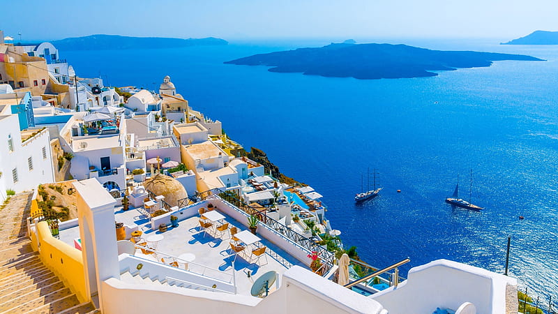 Santorini island,Greece, island, sky, sea, blue, holidays, sun, water, Greece, graphy, white, HD wallpaper