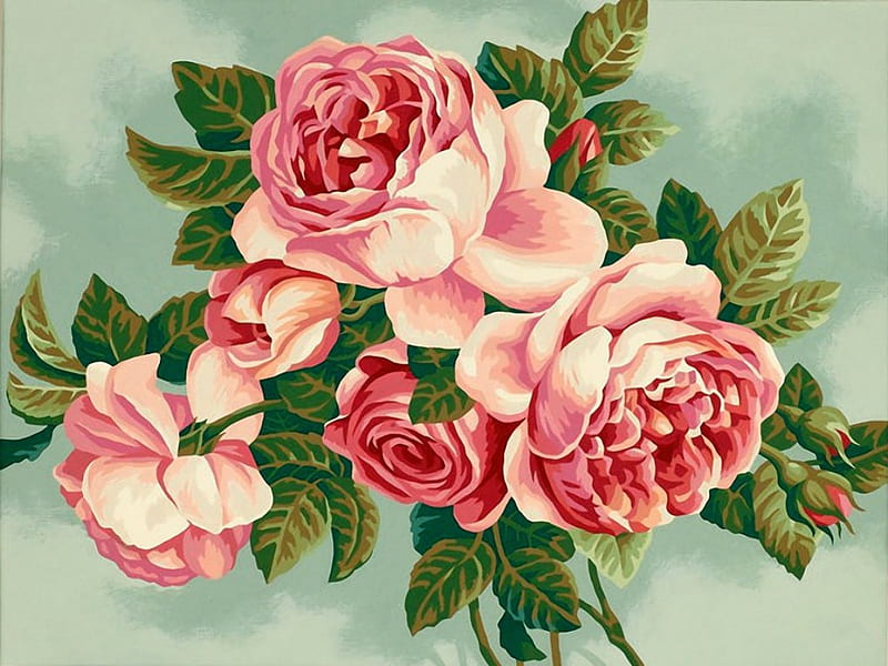 Heirloom roses, pretty, art, lovely, scent, bonito, roses, fragrance, leaves, nice, painting, flowers, petals, pink, HD wallpaper