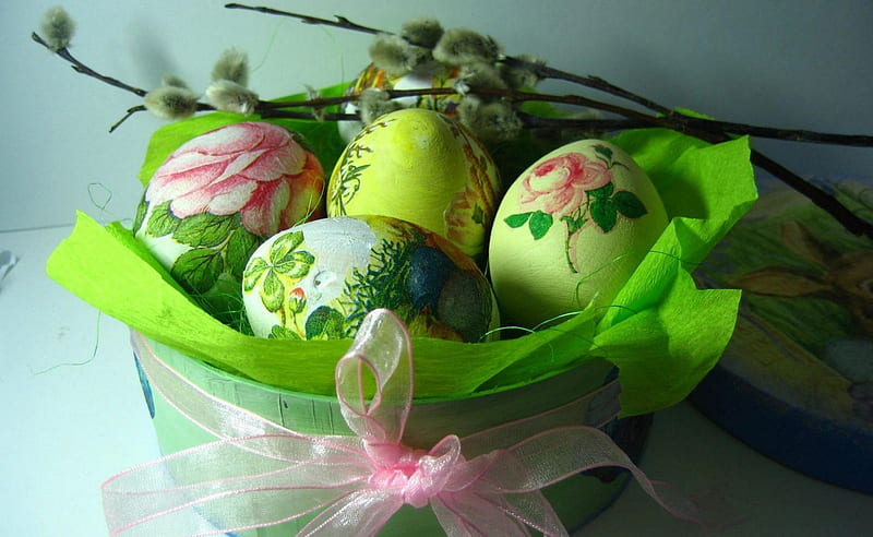 Lovely Easter, willow, holiday, tape, boxes, ribbon, eggs, spring, easter, HD wallpaper