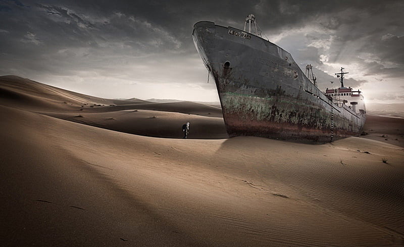 Lost World, world, sand, desert, ship, lost, HD wallpaper
