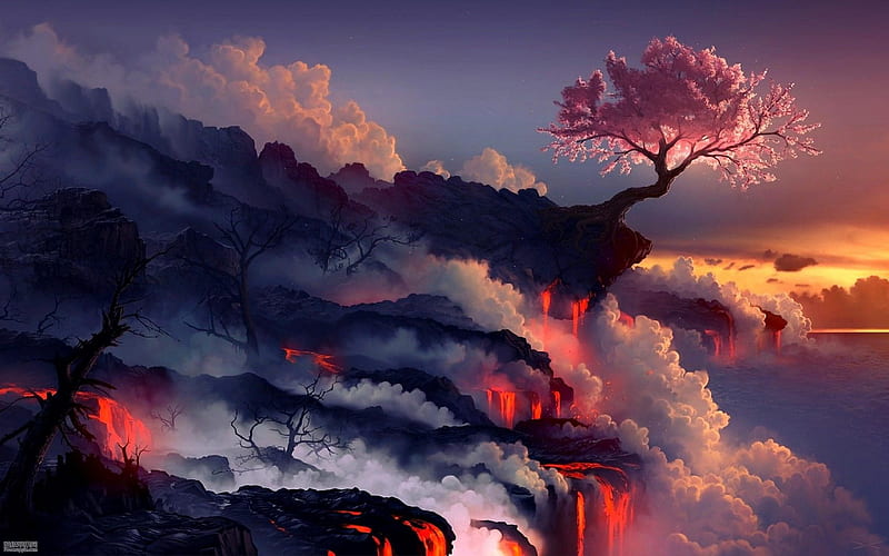 hot lava, rock, tree, HD wallpaper