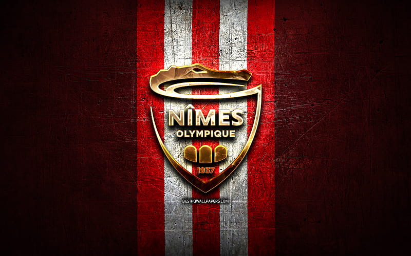 Nimes Olympique, golden logo, Ligue 1, red metal background, football, Nimes Olympique FC, french football club, Nimes Olympique logo, soccer, France, HD wallpaper