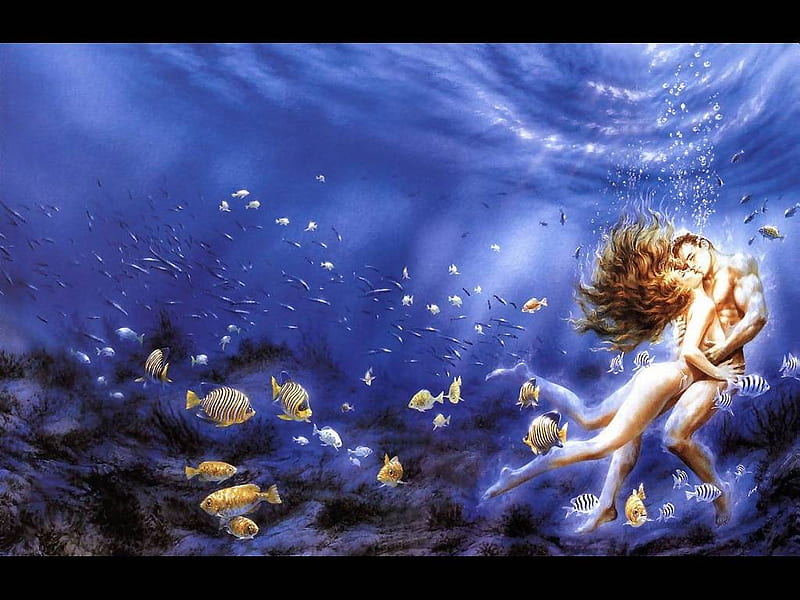 Mermaid undersea , waterworld, royo, its so cool, graphics, mermaid, undersea, liquid dreams, fantasy, luis royo, love, HD wallpaper